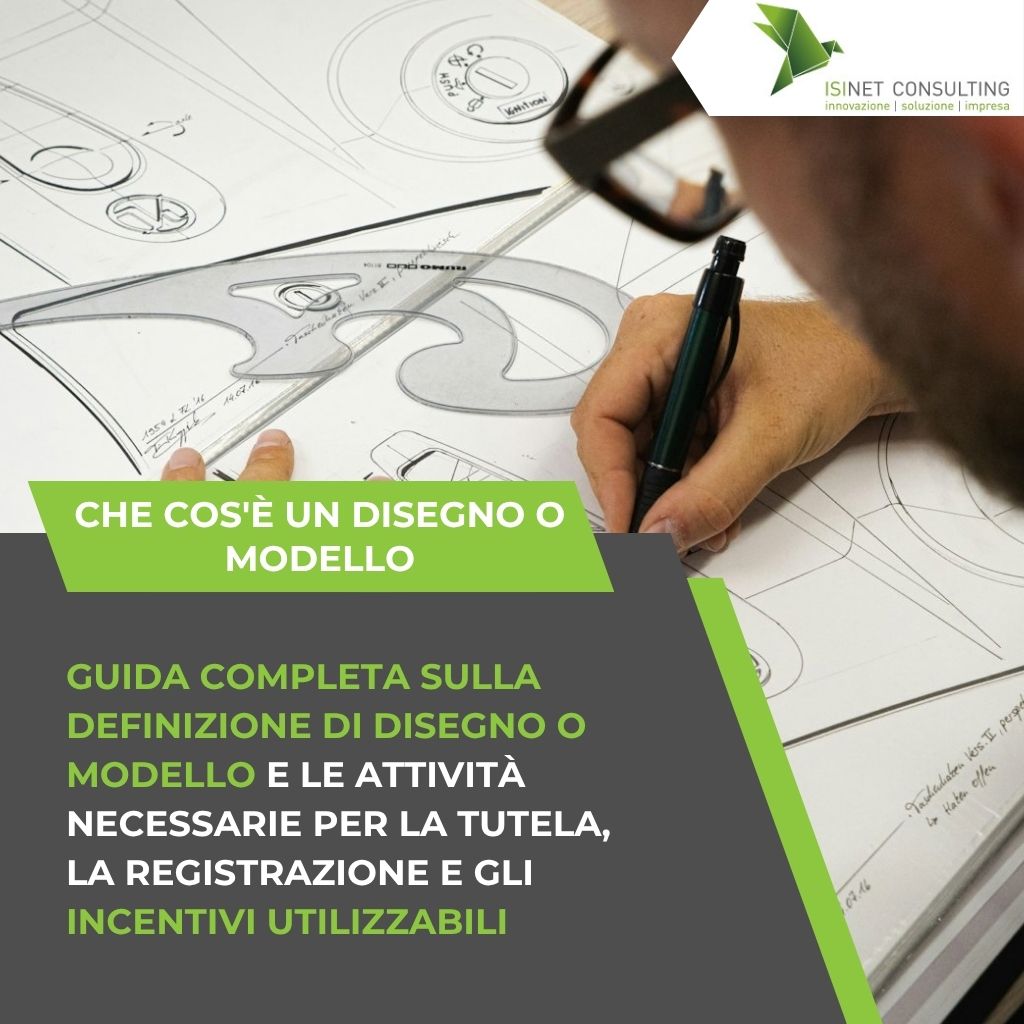 Isinet Consulting Un professionista lavora a un progetto tecnico su carta, riflettendo sul tema: Che cosa è un Disegno? e sulla tutela dei modelli industriali.
