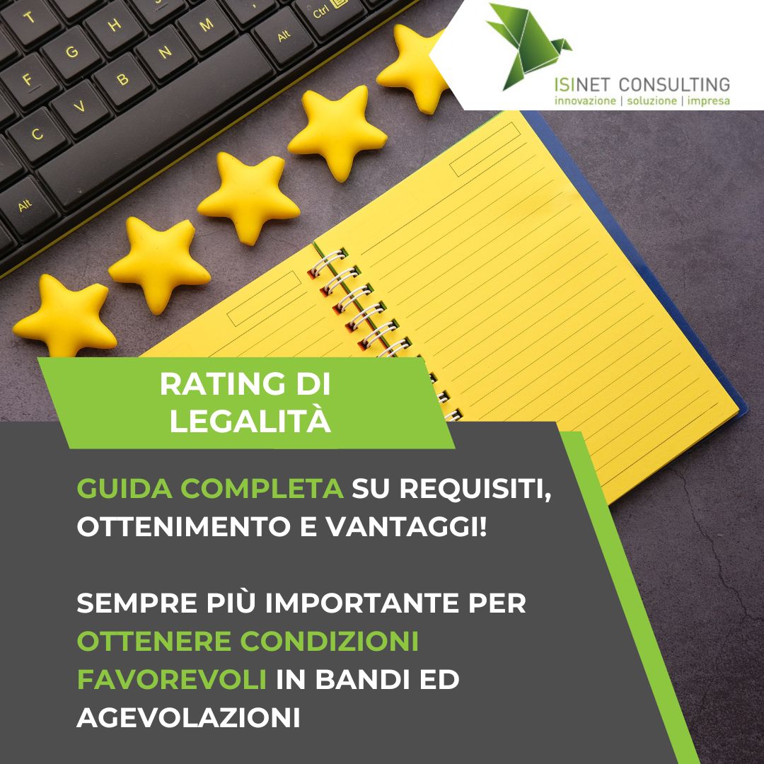 Isinet Consulting Cinque stelle gialle accanto a un taccuino e una tastiera, con testo informativo sul Rating di Legalità per le imprese di Isinet Consulting.