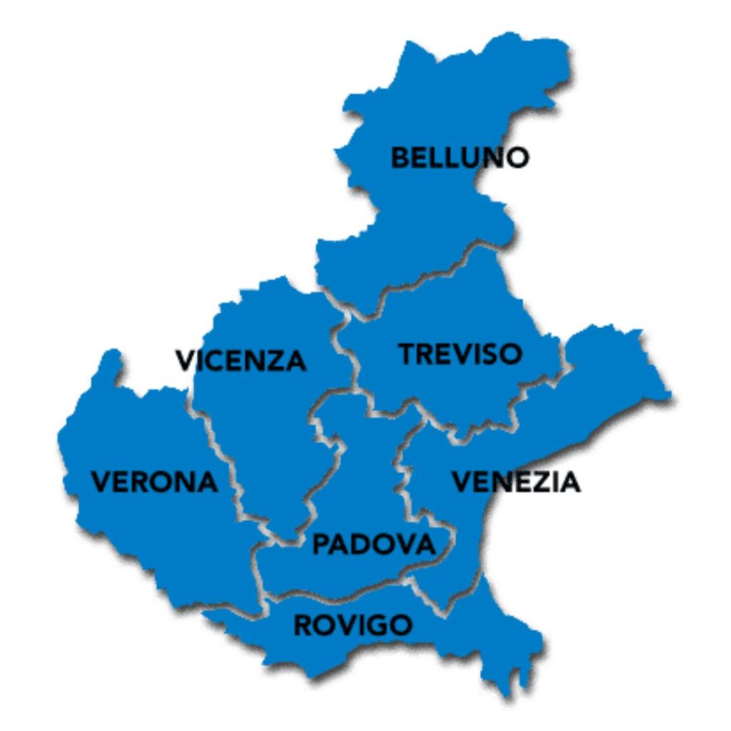 Contributi e Finanziamenti Aziende Veneto. Immagine Regione Veneto con provincie e città Padova, Verona, Venezia, Rovigo, Treviso, Vicenza, Belluno