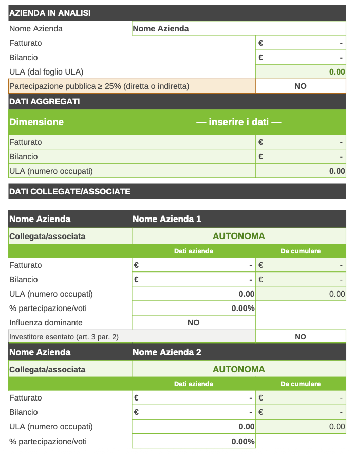 Isinet Consulting Modulo di analisi aziendale con dati finanziari e collegamenti.
