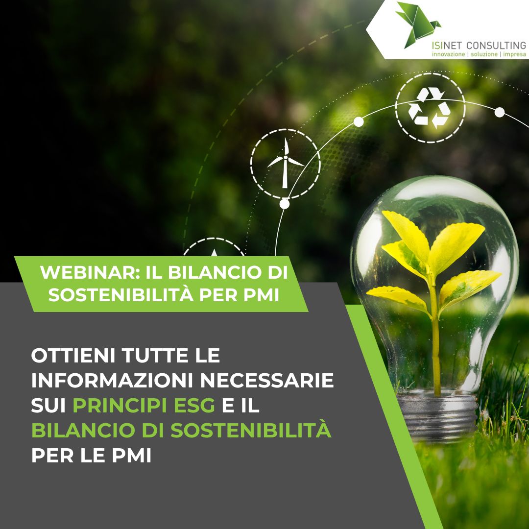 Isinet Consulting Catalogo Webinar gratuiti su bandi e agevolazioni per le PMI, informazioni su principi ESG e bilancio di sostenibilità.