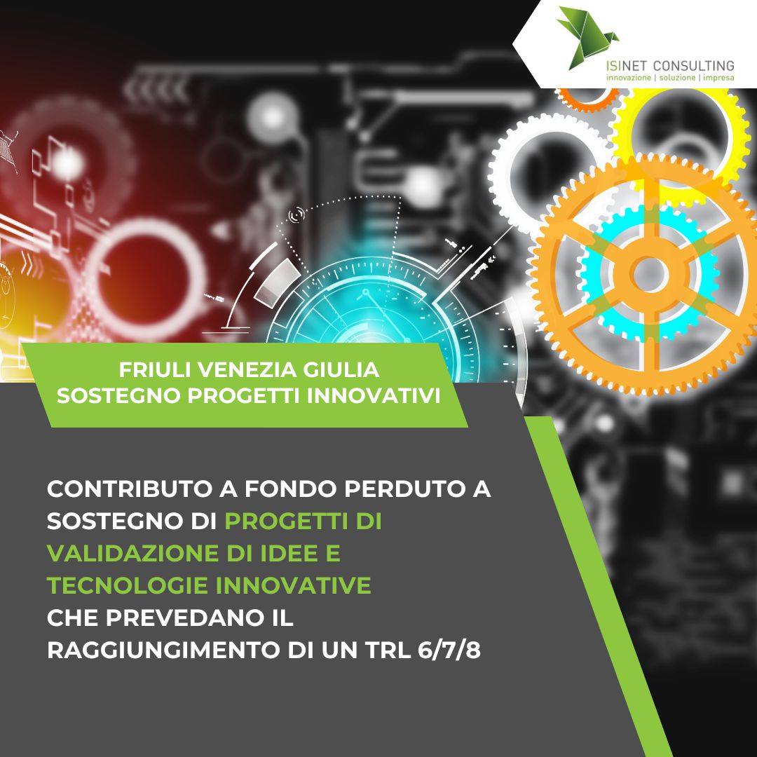 Isinet Consulting Grafica informativa sul Bando FVG Ricerca Industriale 2026: contributi a fondo perduto per progetti TRL 6, 7 e 8 con ingranaggi tecnologici.
