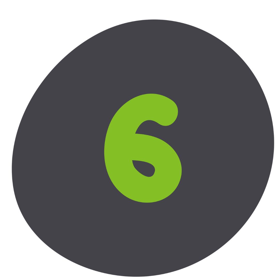 Isinet Consulting Un cerchio grigio scuro con al centro il numero sei scritto in un carattere arrotondato di colore verde brillante su sfondo bianco.
