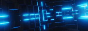 Isinet Consulting Sfondo astratto con cubi scuri e linee di luce blu neon, ideale per contesti tecnologici legati al bando startup innovative Lombardia.