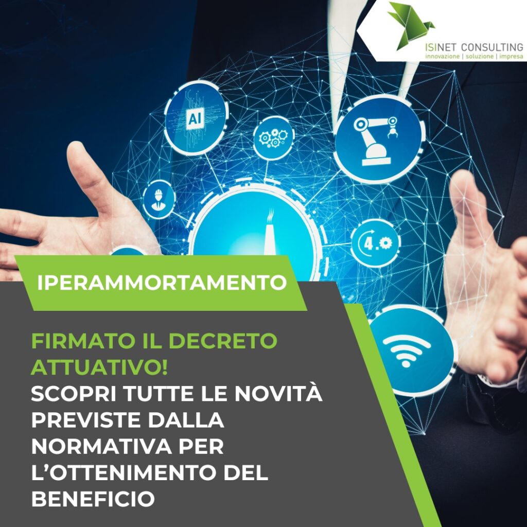 Isinet Consulting Un professionista con icone digitali di industria 4.0 e intelligenza artificiale, utile per la Scoperta Imprenditoriale II 2026: bando MIMIT per R&S.