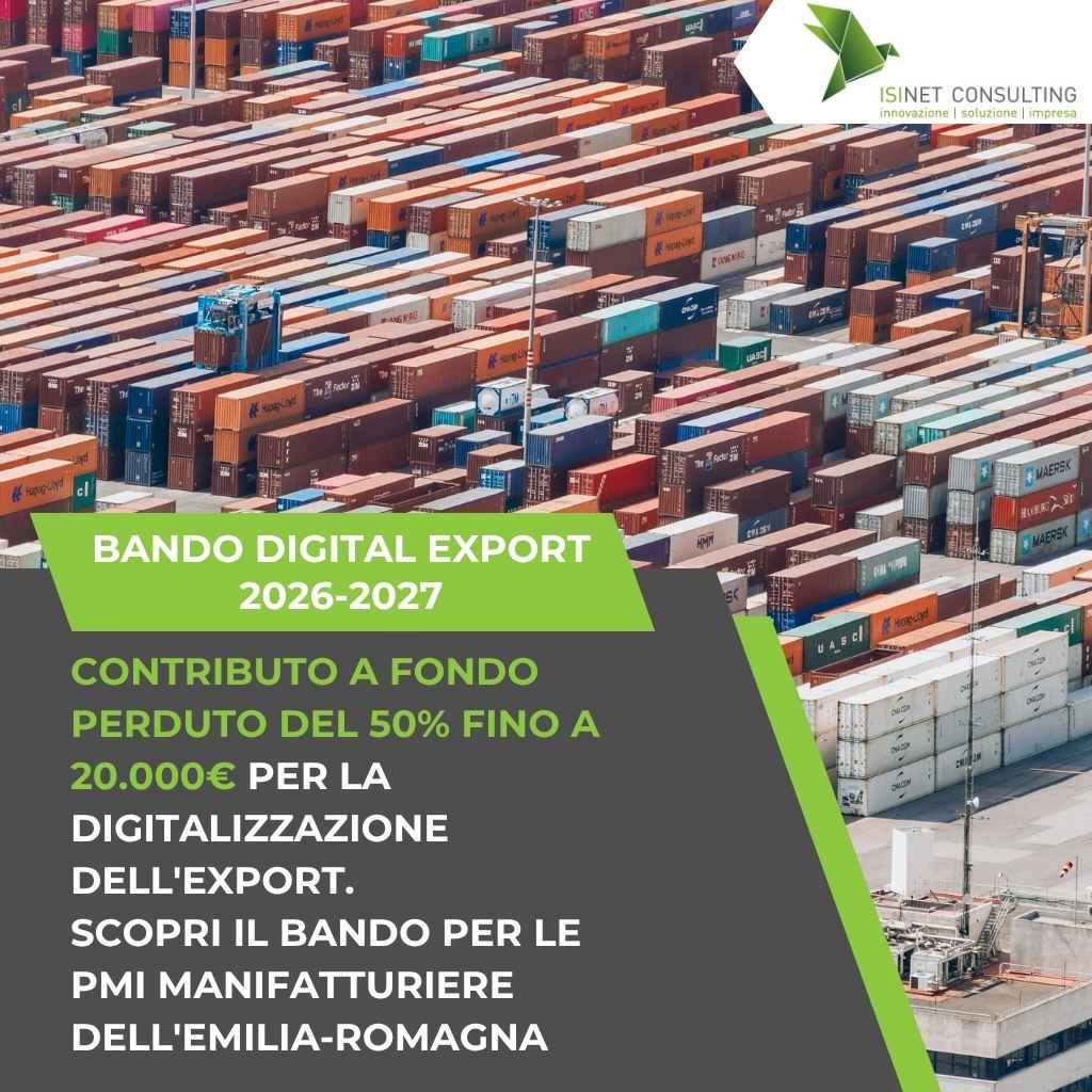 Isinet Consulting Vista dall'alto di un terminal container con sovrapposto il testo informativo sul Bando Digital Export 2026-2027: la guida per le PMI manifatturiere.