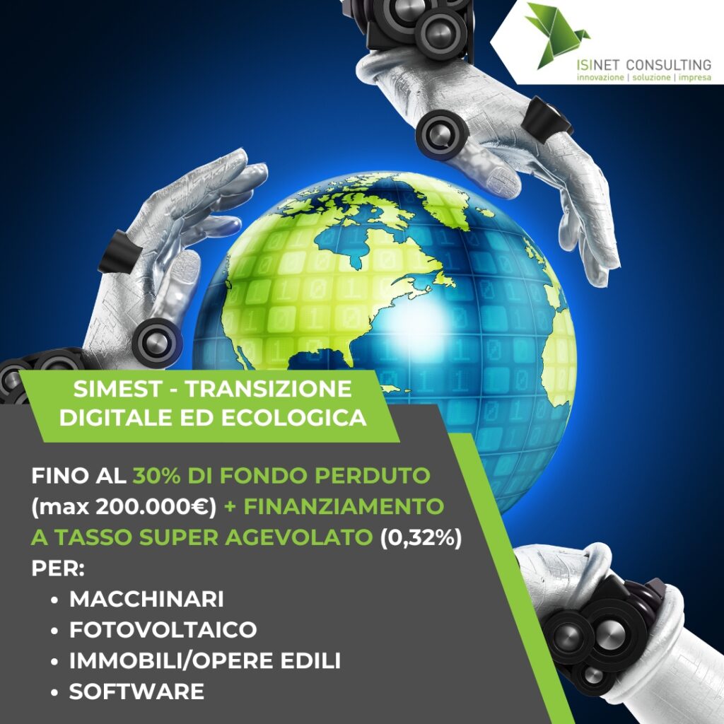 Isinet Consulting Mani robotiche che sorreggono un globo digitale per la SIMEST Transizione Digitale o Ecologica 2026: Guida e Novità IA per le imprese italiane.