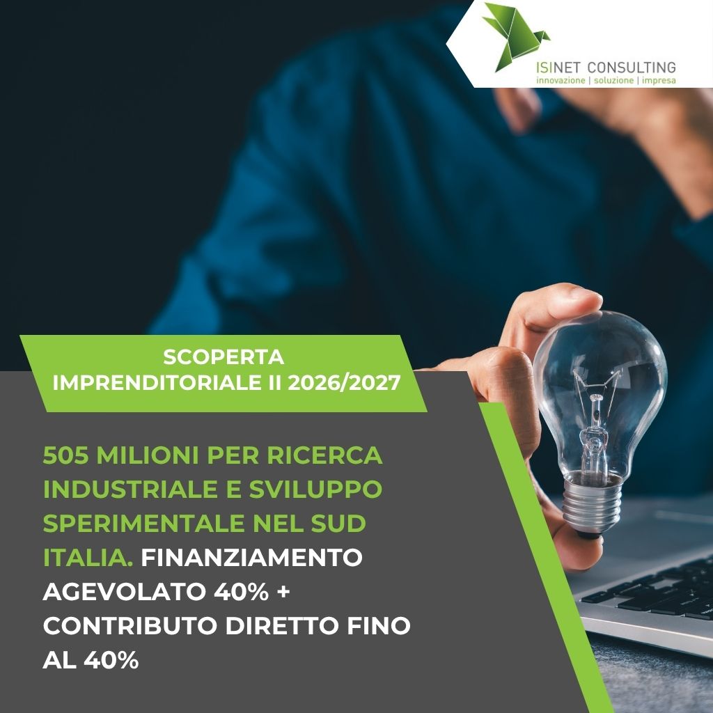 Isinet Consulting Una mano tiene una lampadina accesa sopra un computer, con testo informativo sul bando MIMIT per Ricerca e Sviluppo Scoperta Imprenditoriale II 2026.