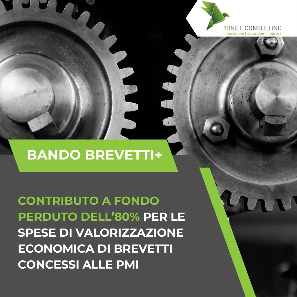 Isinet Consulting Primo piano di ingranaggi metallici con testo informativo sul Bando Brevetti + per il supporto economico alle piccole e medie imprese italiane.