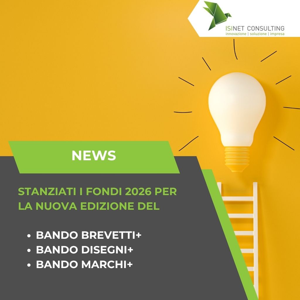 Isinet Consulting Illustrazione che annuncia i fondi 2026 per Brevetti+, Disegni+ e Marchi+.