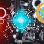 Isinet Consulting Rappresentazione digitale di ingranaggi e interfacce tecnologiche luminose, simbolo di innovazione industriale e mantenimento dei requisiti 4.0 e 5.0.