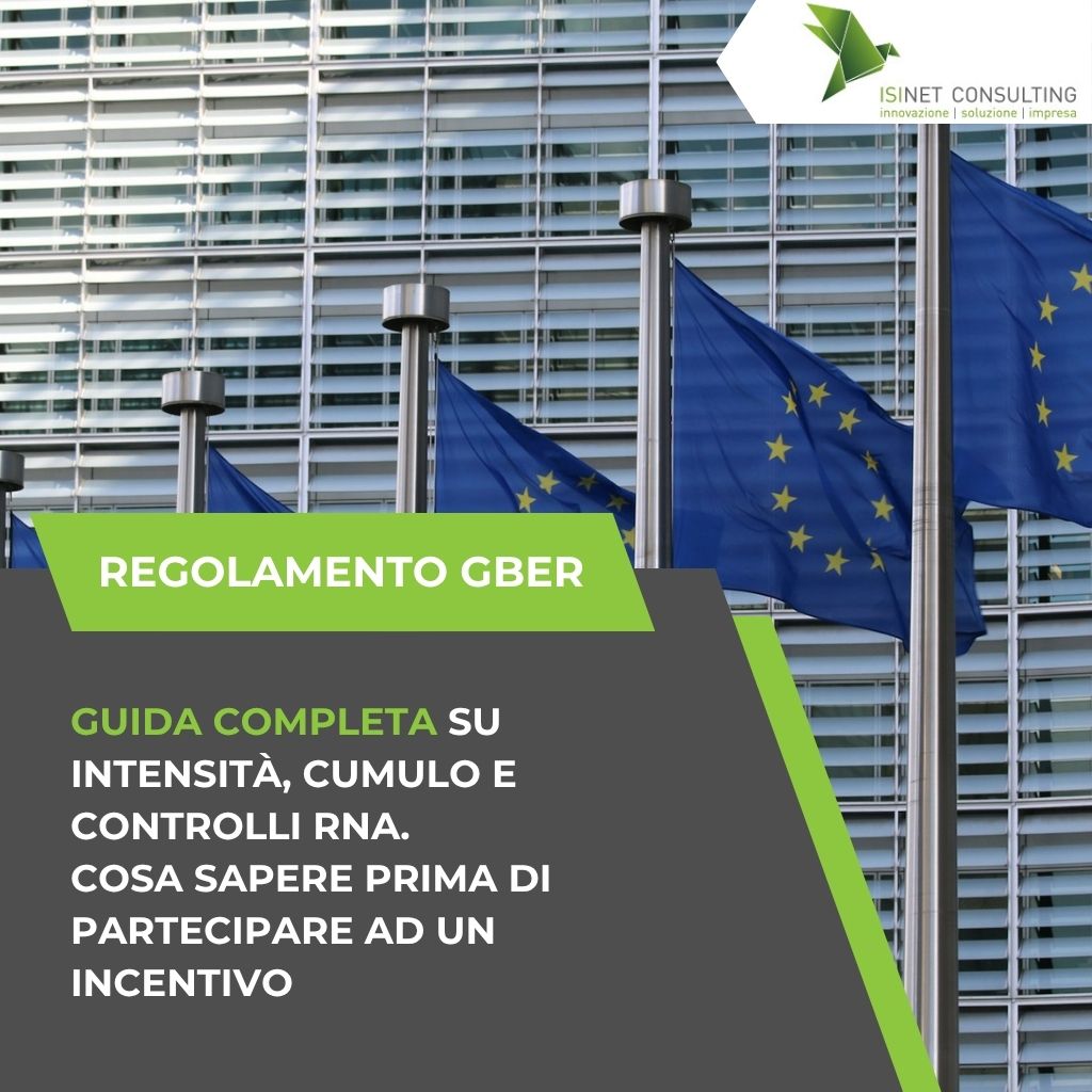 Isinet Consulting Bandiera dell'Unione Europea con il Regolamento GBER in evidenza.