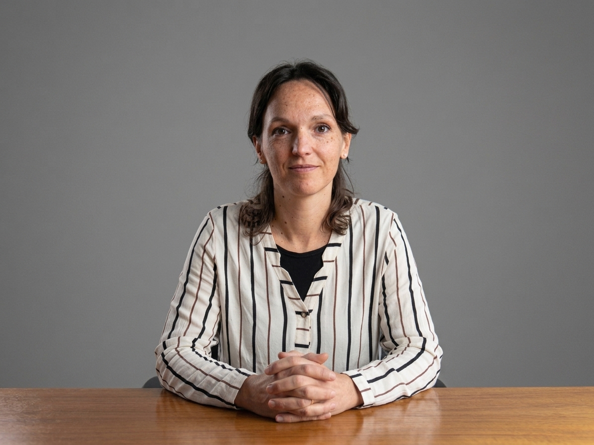 Isinet Consulting Una donna professionista con camicia a righe siede a un tavolo di legno con le mani giunte, in un ritratto formale su sfondo grigio neutro.