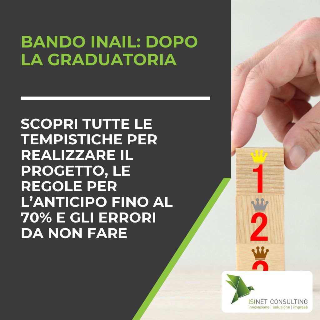 Isinet Consulting Una mano posiziona un blocco di legno con il numero uno sopra altri blocchi, illustrando il bando INAIL dopo la graduatoria e la sua rendicontazione.