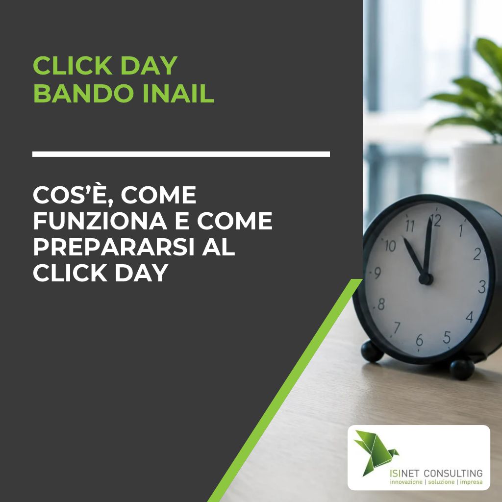 Isinet Consulting Grafica informativa sul Click day Bando Inail con un orologio da tavolo che indica l'importanza del tempo per le scadenze dei bandi di finanziamento.