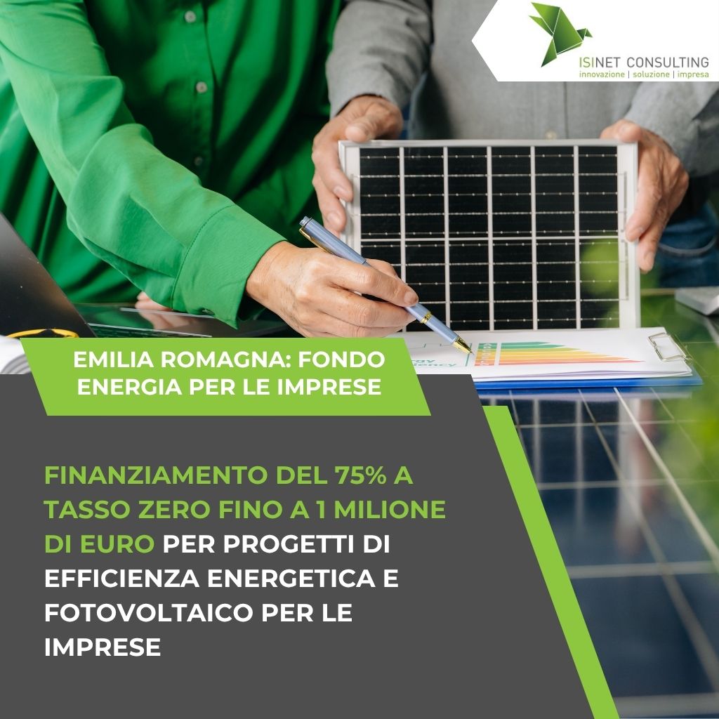Isinet Consulting Due persone analizzano un pannello fotovoltaico e un grafico. Fondo Energia Emilia-Romagna 2026: tasso zero fino a 1 mln per l'efficienza energetica.