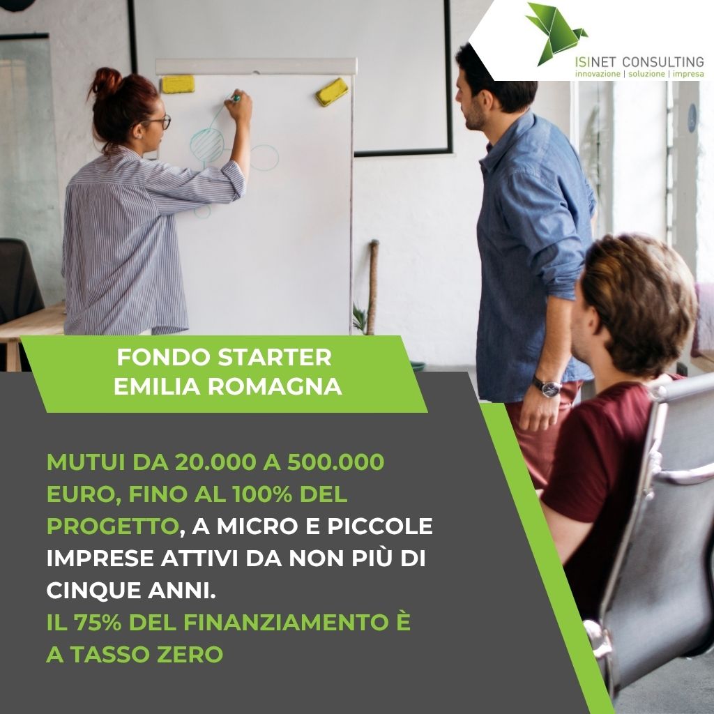 Isinet Consulting Un team di professionisti collabora davanti a una lavagna in ufficio per discutere del Fondo Starter Emilia Romagna: mutuo a tasso zero per nuove imprese.