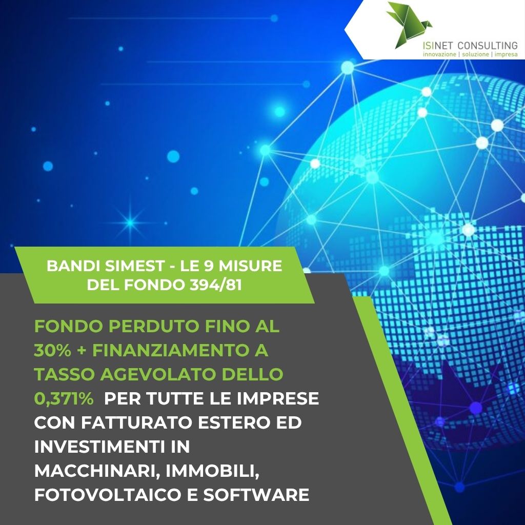 Isinet Consulting Grafica informativa sul Bando Simest per l'internazionalizzazione delle PMI, con dettagli su fondo perduto e finanziamenti agevolati per le imprese.