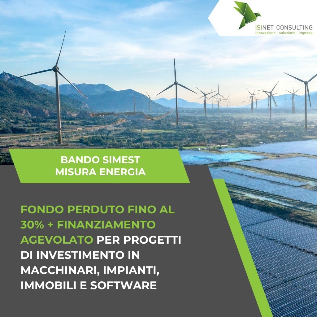 Isinet Consulting Grafica informativa sul bando SIMEST energivore 2026: fondo perduto fino al 30% e Misura Energia per investimenti in impianti, macchinari e software.