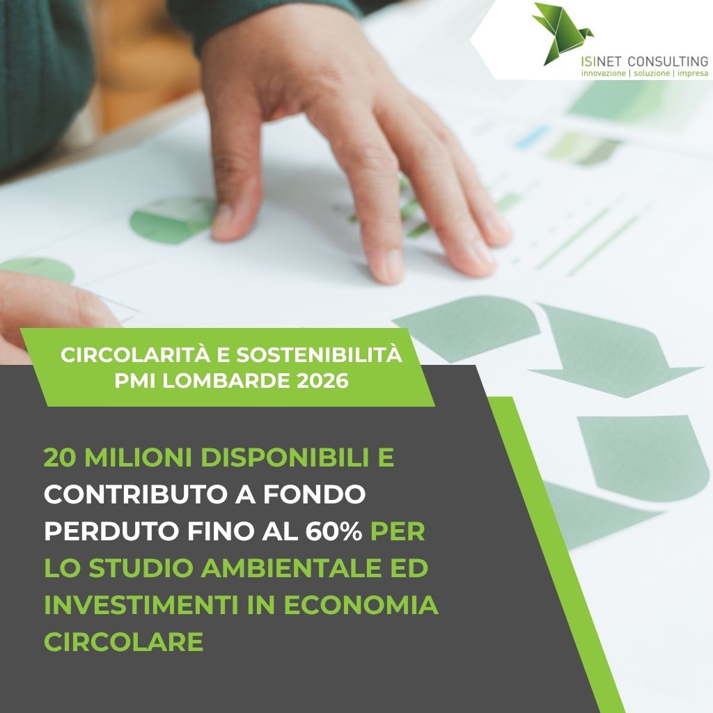 Isinet Consulting Mano su documenti aziendali con grafico a torta, per il Bando Circolarità e Sostenibilità PMI Lombarde 2026: guida completa per incentivi economici.