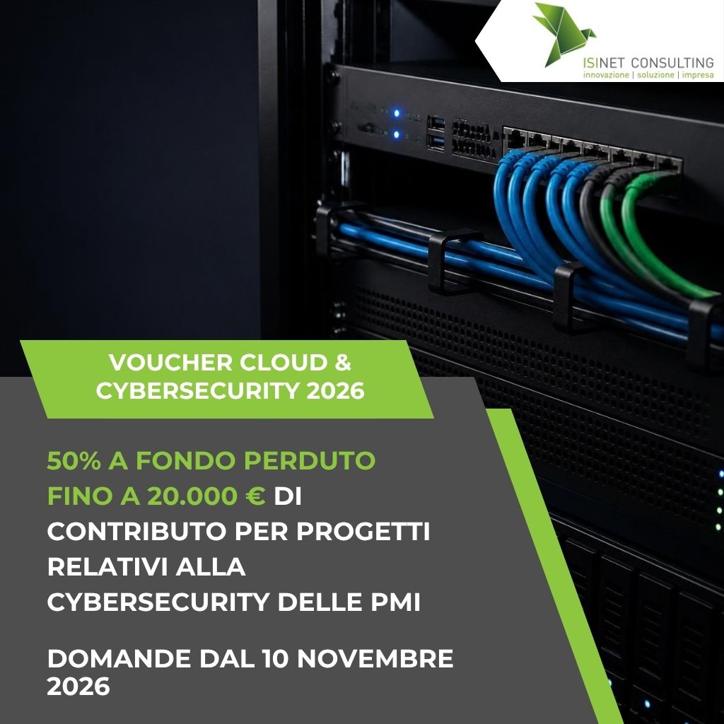 Isinet Consulting Server rack con cavi blu e verdi e testo informativo sul Voucher Cloud e Cybersecurity 2026: requisiti, spese ammesse e come fare domanda.